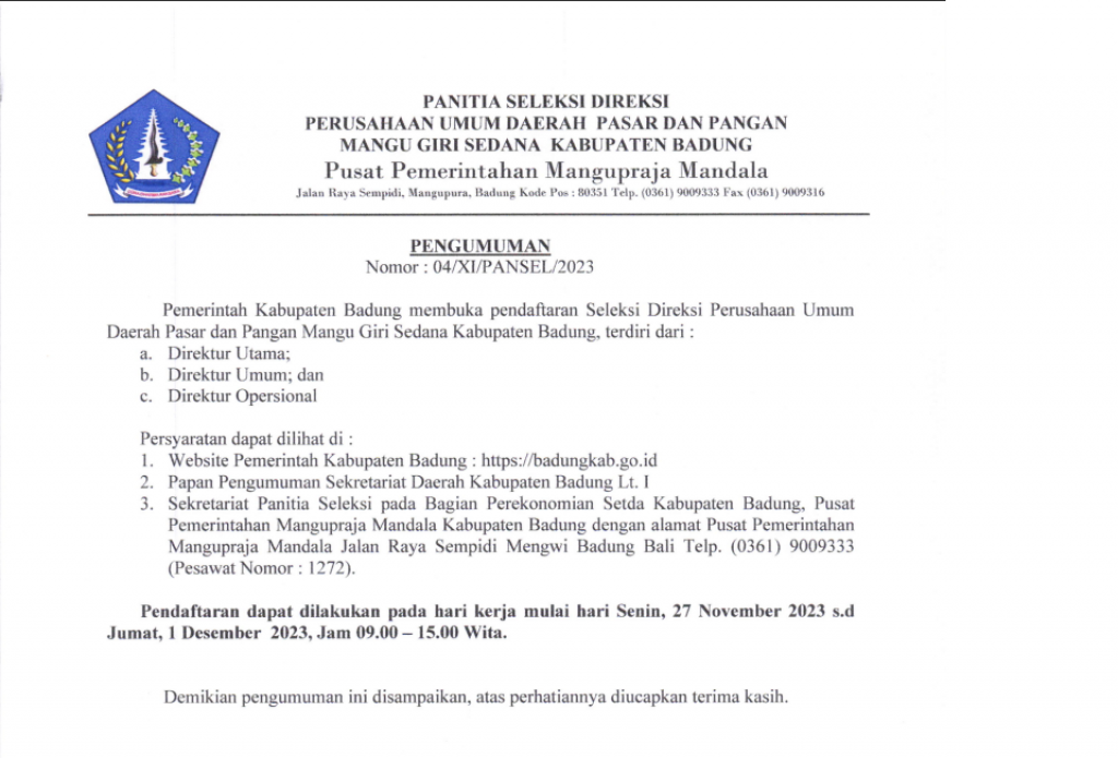 Pengumuman  Pendaftaran Seleksi Direksi Perusahaan Umum Daerah Pasar dan Pangan Mangu Giri Sedana Kabupaten Badung